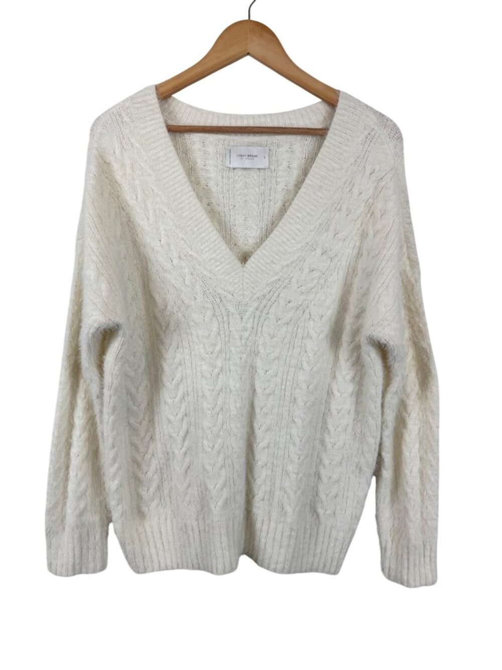 Lucky Brand Relaxed Fit Eyelash Sweater White Cable Knit V-Neck Size Small Cozy